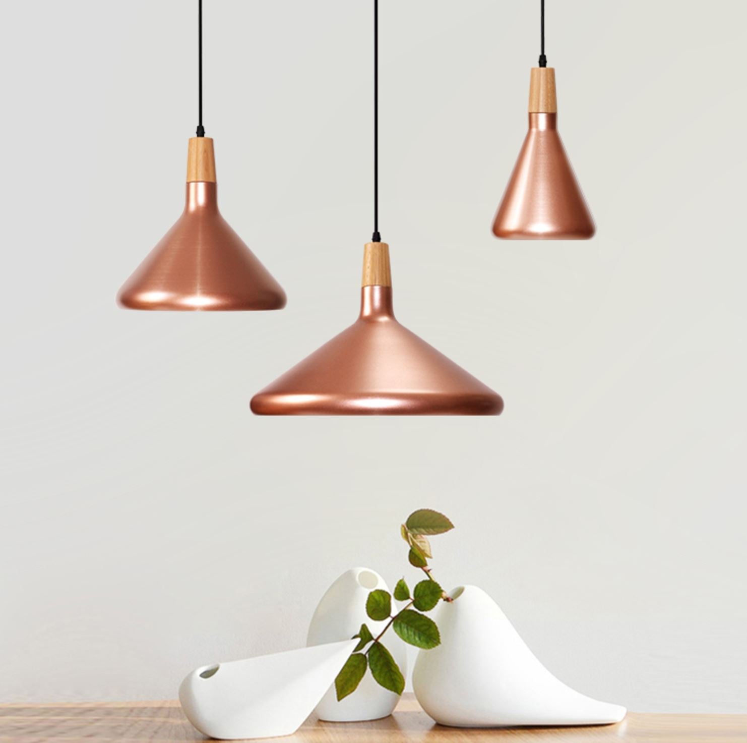 Kopar Minimalist Copper Brass Coloured Shade And Wooden Pendant Light