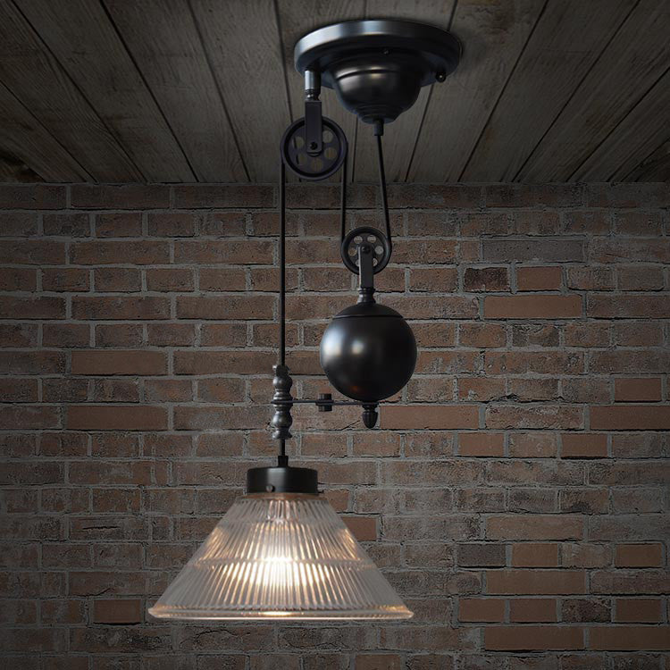 Bennet Ribbed Glass Cone Pulley Pendant Light