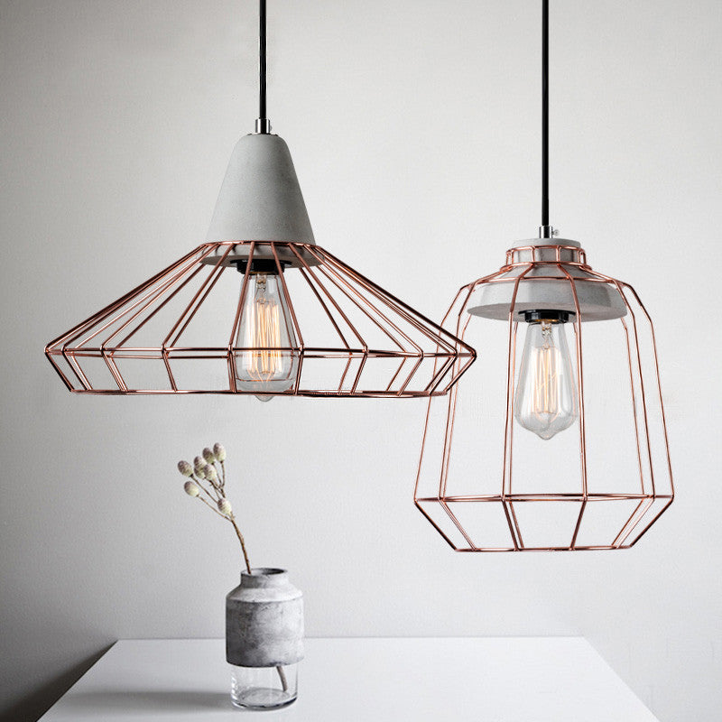 Sangkar Rose gold Cage Pendant Light With Concrete Base