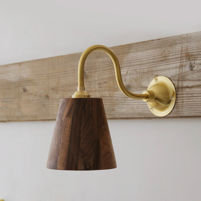 Oberon Wooden Shade Brass Gooseneck Arm Wall Light